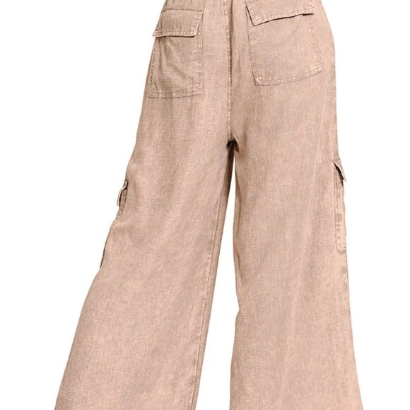 Zenana Washed Linen Elastic Band Waist Cargo Pants - Picture 2 of 4